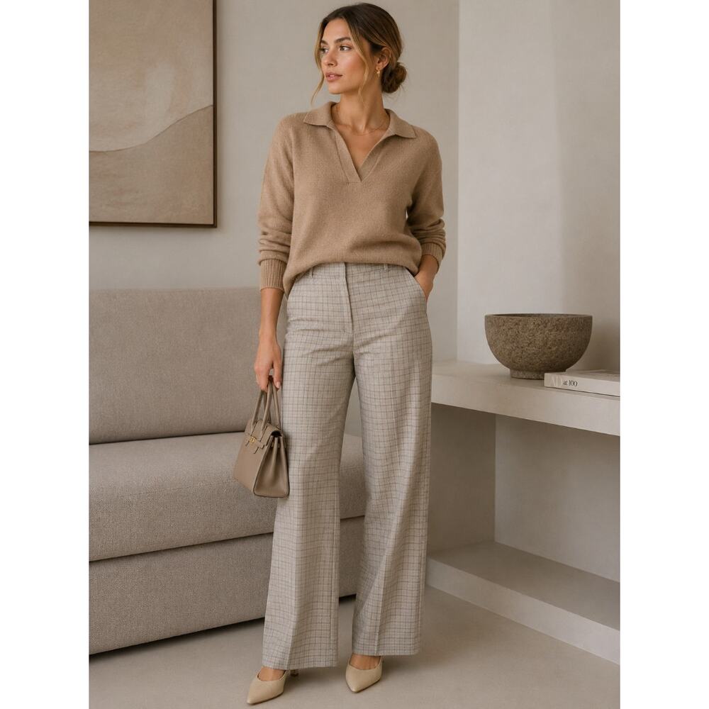 Wilfred Plaid Wide-Leg Trousers in Light Beige